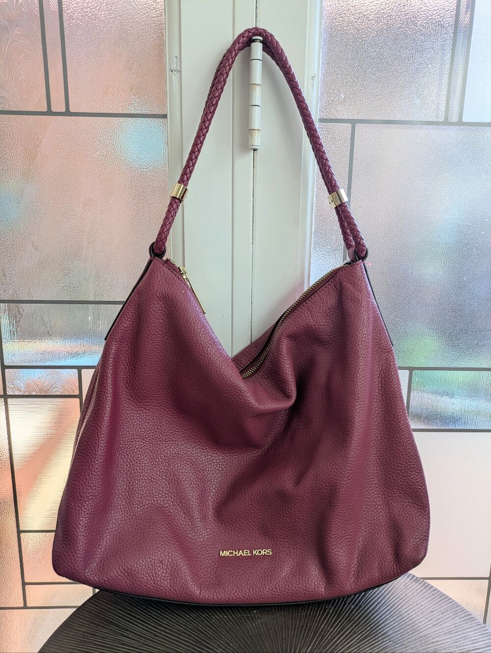 Michael Kors Burgundy Wine Pebbled Leather Hobo shoulder slouch bag braided